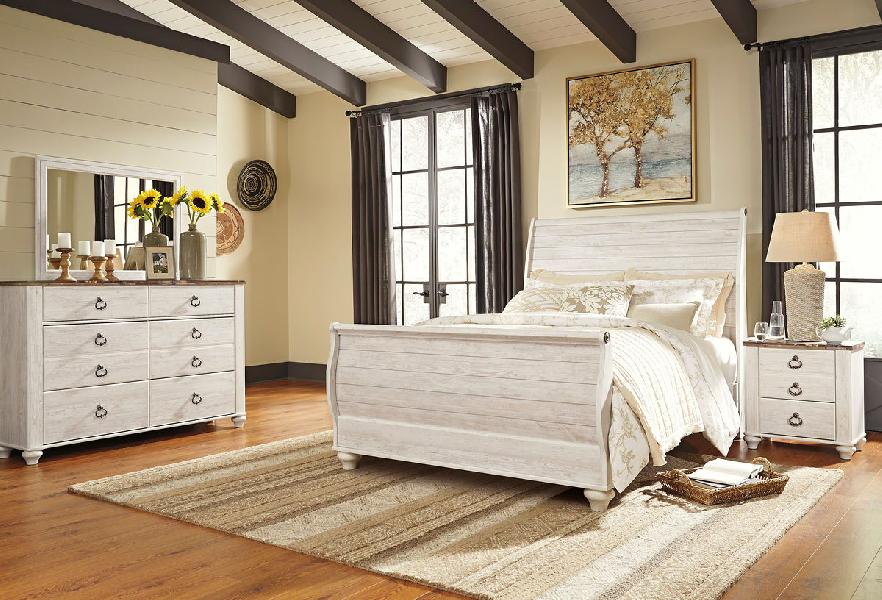 Image of Willowton - 6 Pc. - Dresser, Mirror, Queen Sleigh Bed, Nightstand - Whitewash