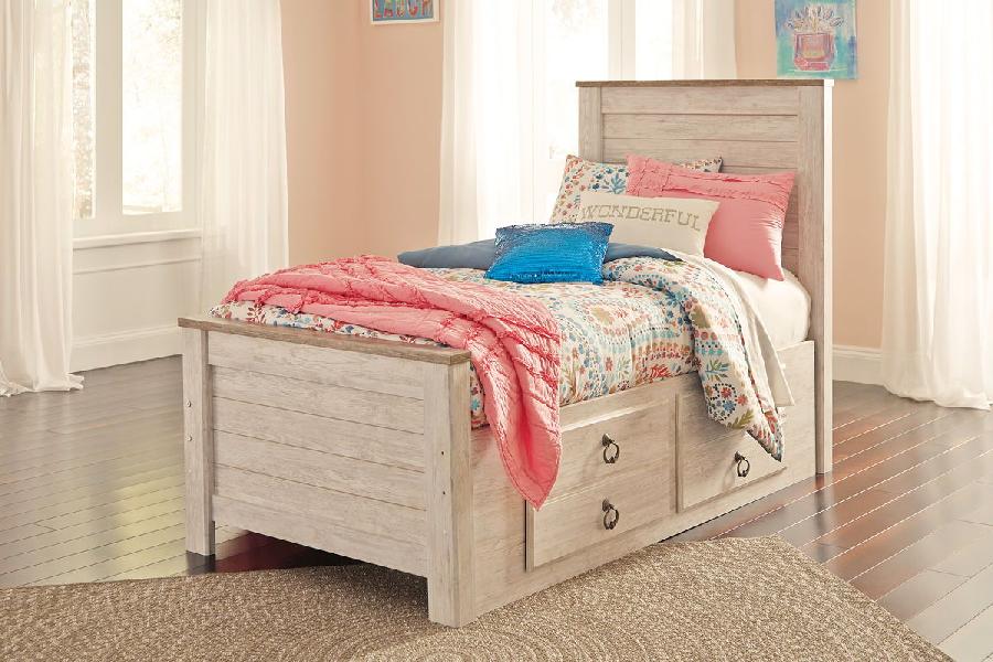 Image of Willowton - Twin Panel Bed with 2 Storage Drawers - Whitewash
