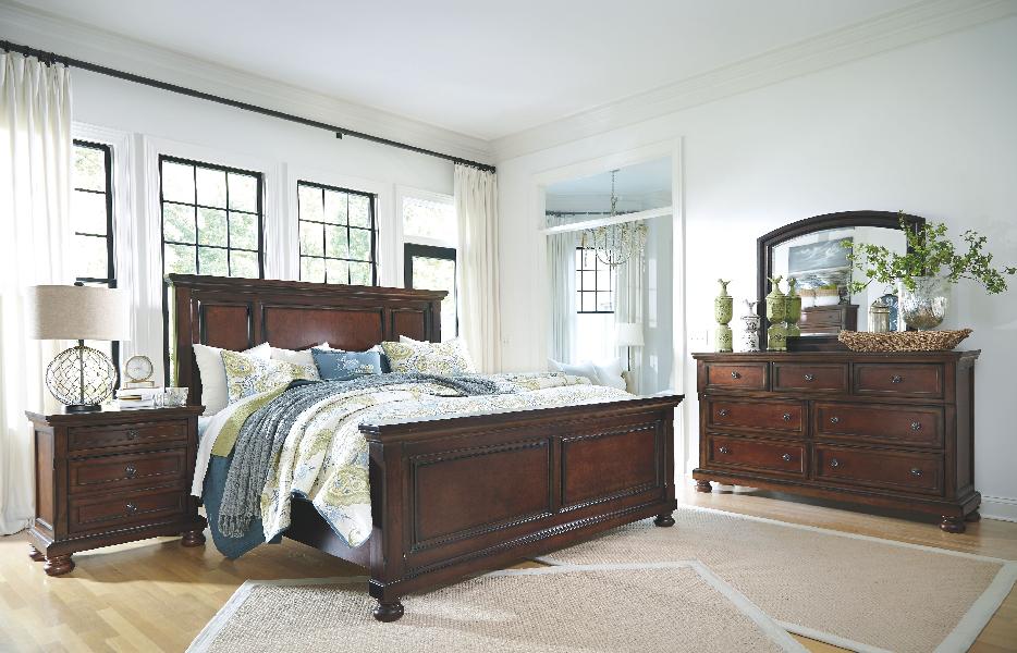 Image of Porter - 5 Pc. - Dresser, Mirror, Queen Panel Bed - Rustic Brown