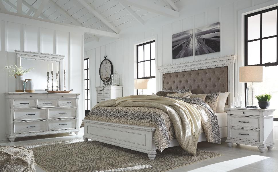 Image of Kanwyn - 5 Pc. - Dresser, Mirror, California King Panel Upholstered Bed - Whitewash