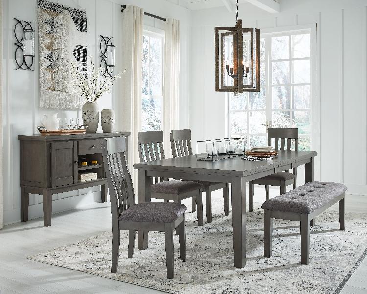 Image of Hallanden - 7 Pc. - Extension Table, 4 Side Chairs, Bench, Server - Black / Gray