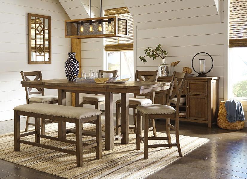 Image of Moriville - 7 Pc. - Counter Extension Table, 4 Barstools, Bench, Server - Dark Gray