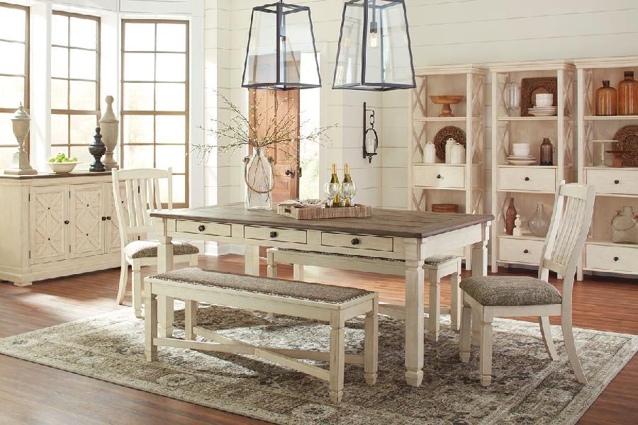 Image of Bolanburg - 9 Pc. - Dining Room Table, 2 Side Chairs, Bench (2), Server, 3 Cabinets - Beige