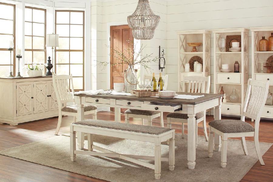 Image of Bolanburg - 10 Pc. - Dining Room Table, 4 Side Chairs, Bench, Server, 3 Cabinets - Beige