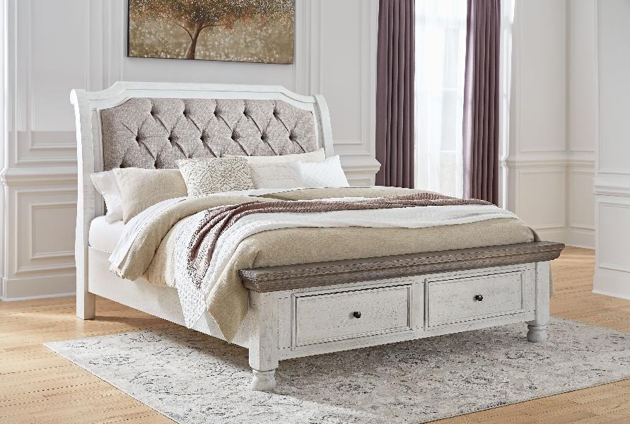 Image of Havalance - Queen Sleigh Bed with 2 Storage Drawers - White / Gray