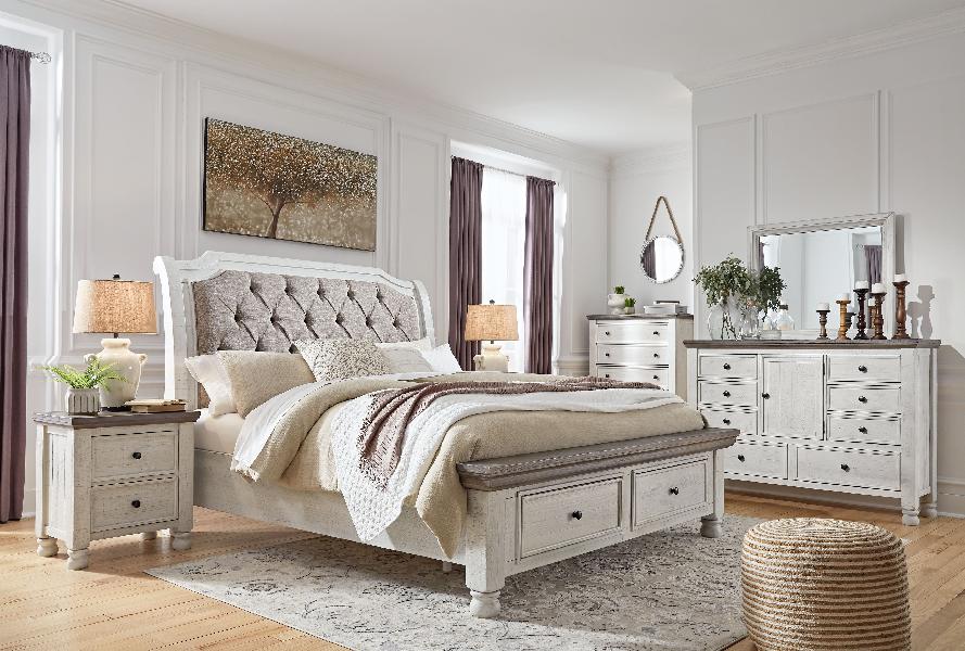 Image of Havalance - Queen Sleigh Bed With Storage - 6 Pc. - Dresser, Mirror, Chest, Queen Bed - White / Gray