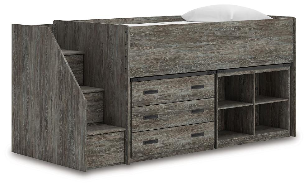 Image of Frandern - Twin Loft Bed With Bookcase And Drawer Storage - Gray