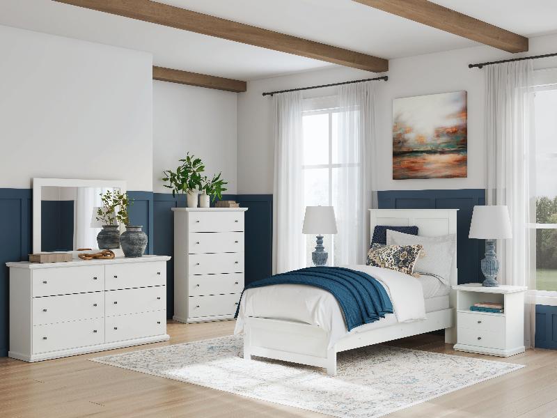 Image of Bostwick Shoals - 5 Pc. - Dresser, Mirror, Chest, Twin Panel Bed With Framed Footboard - White