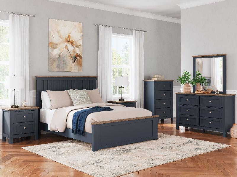 Image of Landocken - 7 Pc. - Dresser, Mirror, Queen Panel Bed, 2 Nightstands - Brown / Blue