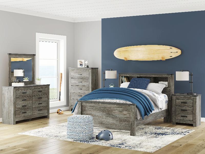 Image of Frandern - 7 Pc. - Dresser, Mirror, Full Bookcase Panel Bed, 2 Nightstands - Gray