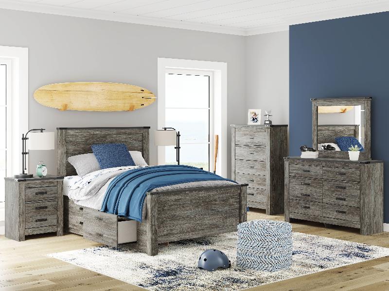 Image of Frandern - 8 Pc. - Dresser, Mirror, Full Panel Bed With Storage, 2 Nightstands - Black / Gray