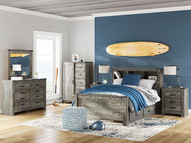 Image of Frandern - 8 Pc. - Dresser, Mirror, Full Bookcase Panel Bed With Storage, 2 Nightstands - Gray