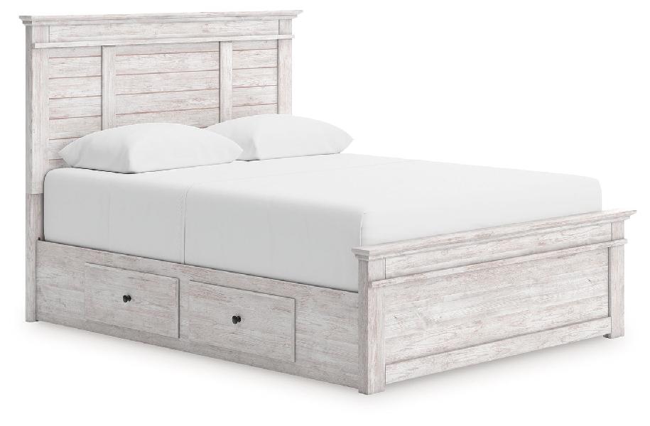 Image of Makidern - Queen Panel Storage Bed With Under Bed Storage Unit - Whitewash
