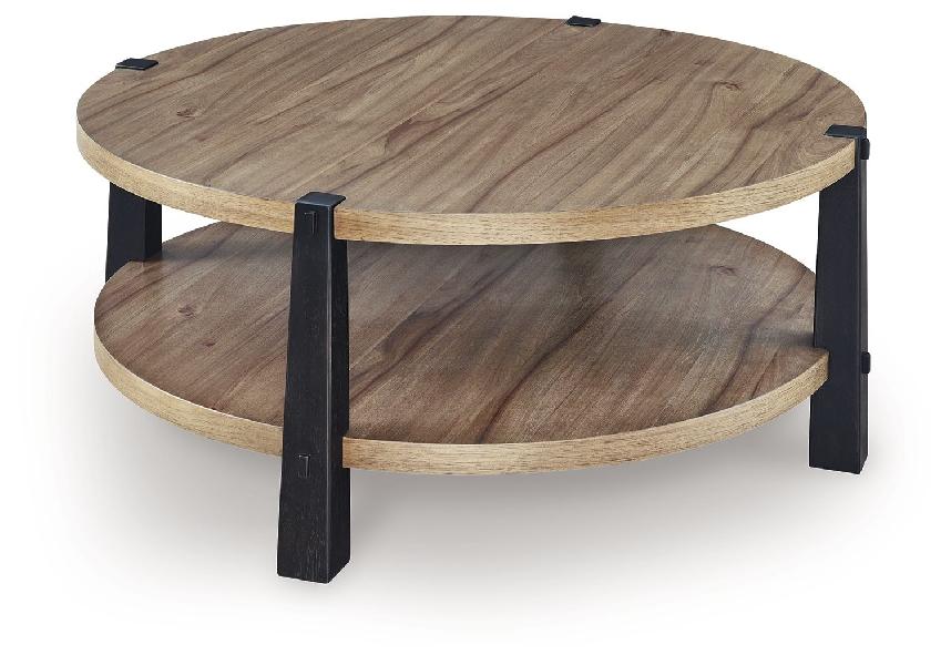 Image of Ridgester - Round Cocktail Table - Light Brown / Black