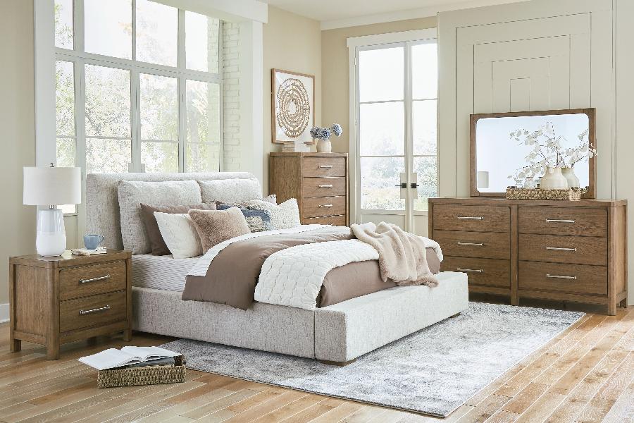 Image of Cabalynn - 6 Pc. - Dresser, Mirror, Queen Upholstered Bed, 2 Nightstands - Light Brown