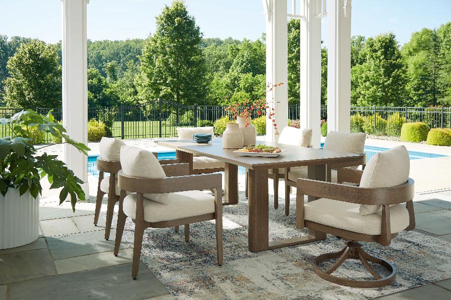 Image of Serene Bay - 7 Pc. - Dining Table, 4 Arm Chairs, 2 Swivel Chairs - Dark Brown