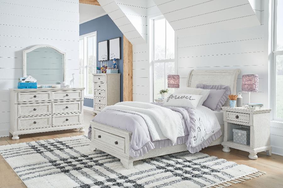 Image of Robbinsdale - 5 Pc. - Dresser, Mirror, Twin Sleigh Storage Bed - Antique White