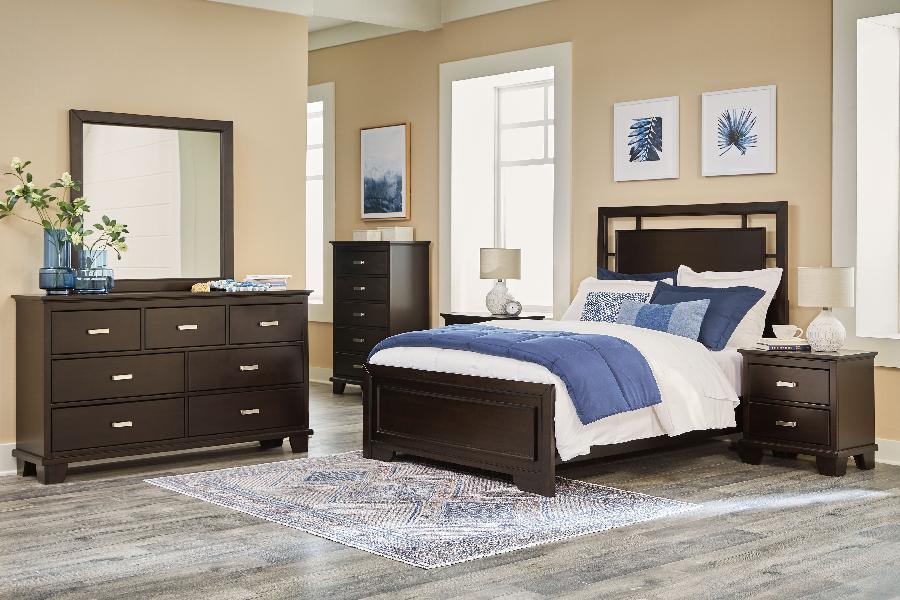 Image of Covetown - 5 Pc. - Dresser, Mirror, Chest, Full Panel Bed - Dark Brown