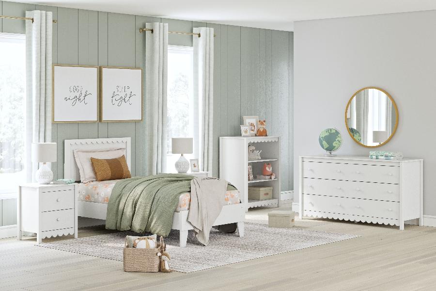Image of Hallityn - 4 Pc. - Bookcase, Dresser, Twin Panel Platform Bed - White