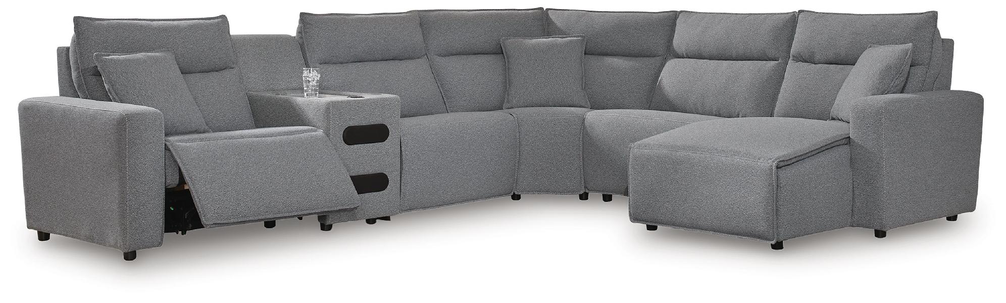Image of Modmax II - 6-Piece Power Reclining Sectional With RAF Press Back Power Chaise And Audio Console - Salt And Pepper