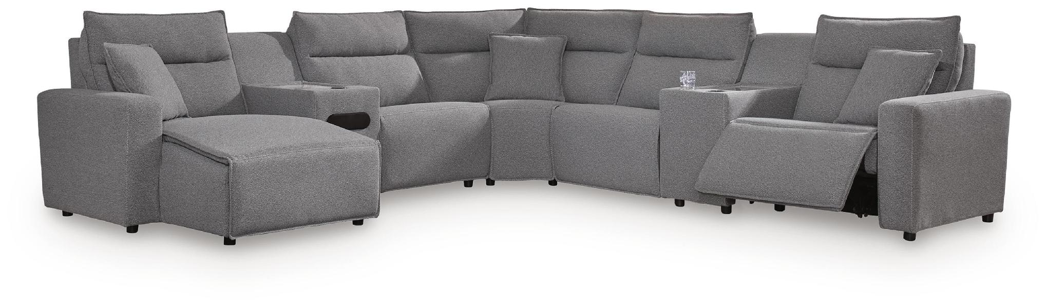 Image of Modmax II - 7-Piece Power Reclining Sectional With LAF Press Back Power Chaise And Audio Console - Salt And Pepper
