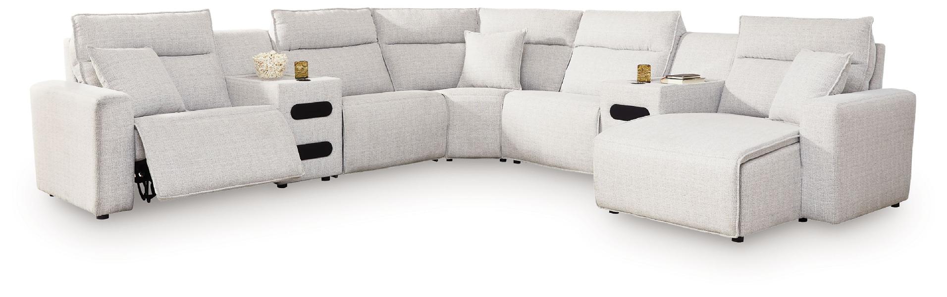 Image of Modmax II - 7-Piece Power Reclining Sectional With RAF Press Back Power Chaise And Audio Consoles - Stone