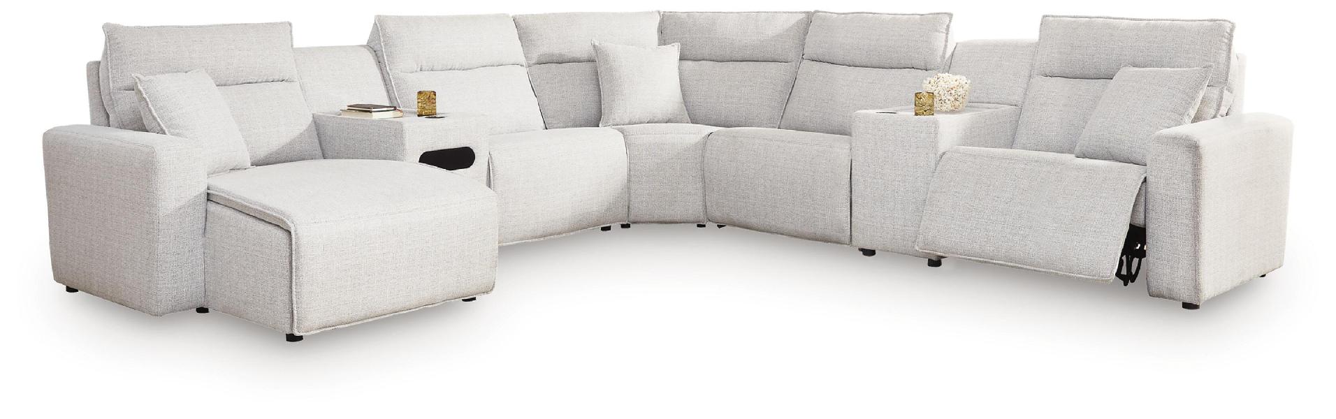 Image of Modmax II - 7-Piece Power Reclining Sectional With LAF Press Back Power Chaise, Console And Audio Console - Stone